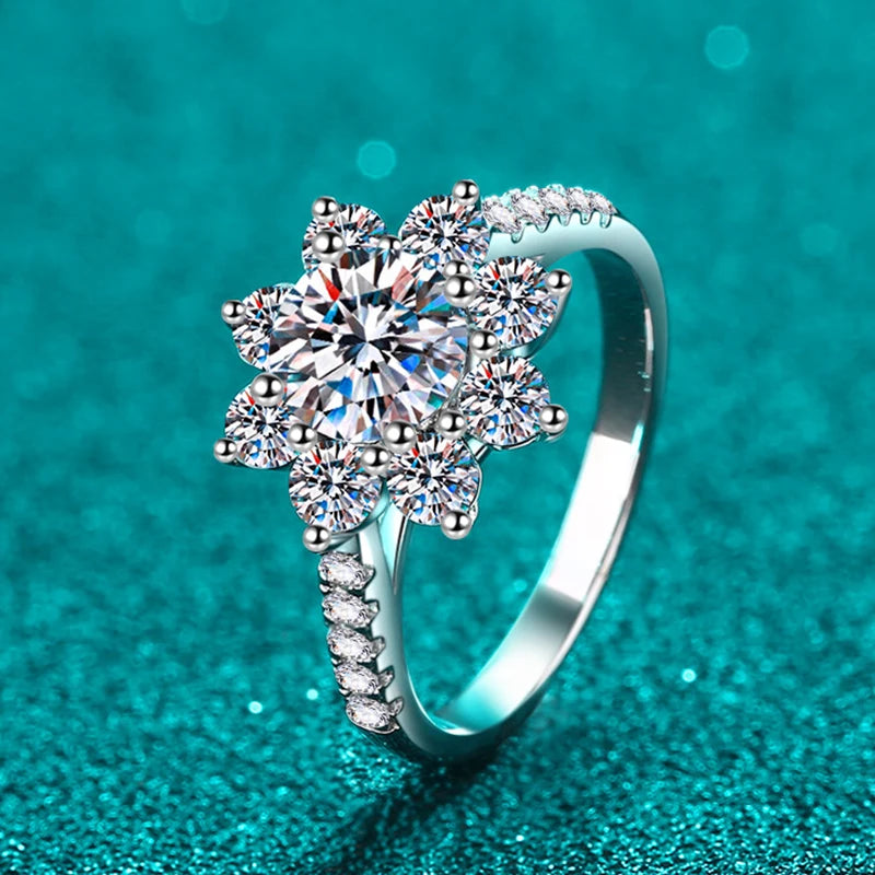 NeeTim 1ct 2ct Moissanite Eternity Ring 925 Sterling Silver with Gold Plated Wedding Flower Lab Diamond Rings For Women Jewelry