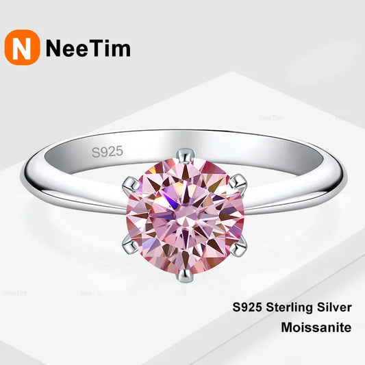 NeeTim 0.5ct 1ct 2ct 3ct Blue Pink Purple Black Moissanite Rings for Women Sterling 925 Silver Wedding Party Band Woman's Ring