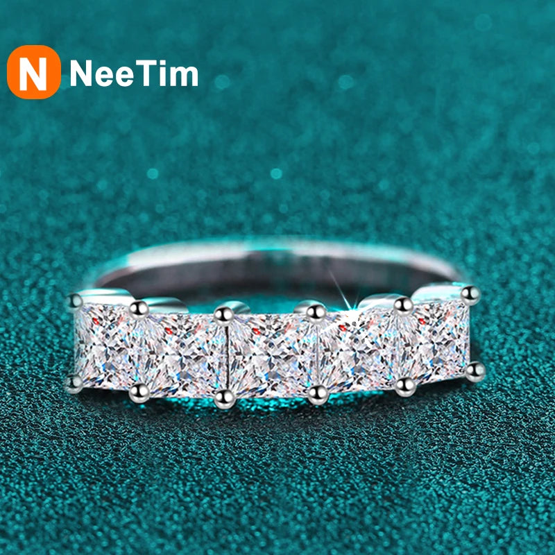 NeeTim Full D Color Princess Cut Moissanite Diamond Rings for Women S925 Sterling Silver Wedding Engagement Party Band Ring