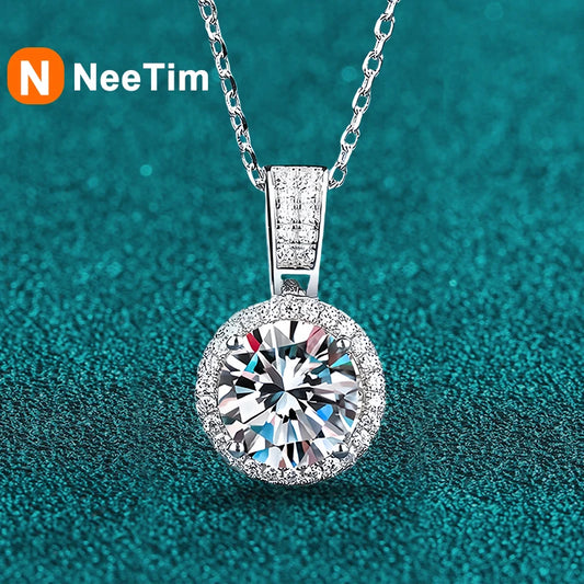 NeeTim 2Carat Moissanite Necklace For Women 100% Sterling S925 Silver With White Gold Plated Lab Diamond Jewelry Wedding Pendant