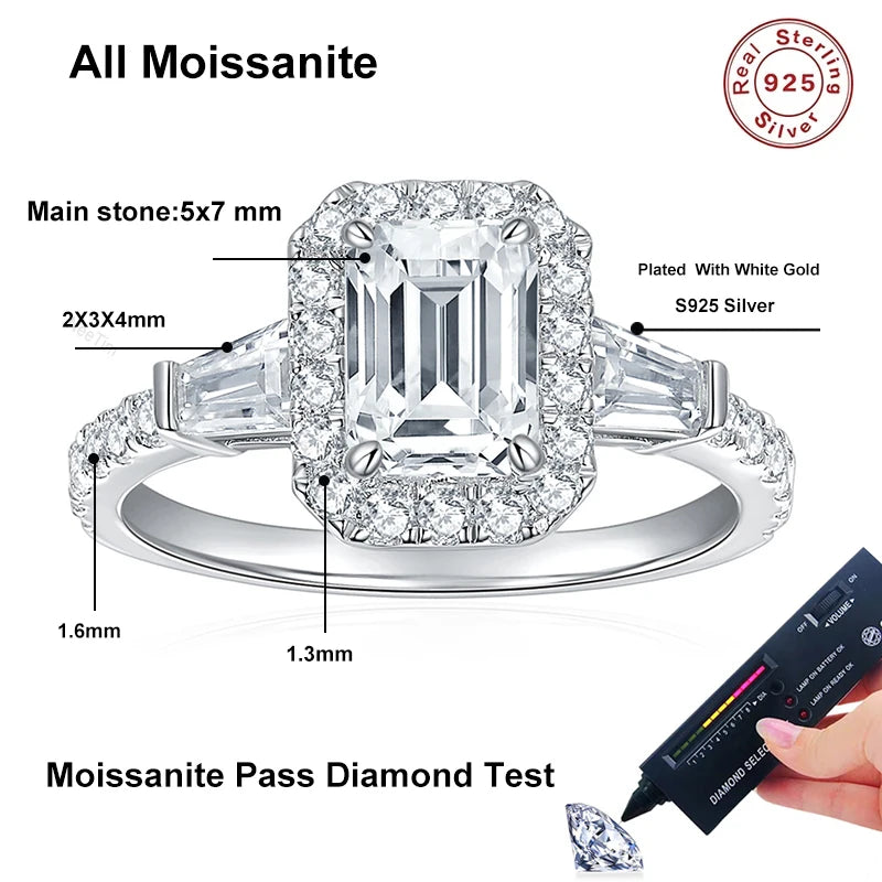 NeeTim D Color Full Moissanite Ring For Women 5x7mm Emerald Cut Sparkling Rings S925 Silver Wedding Party Luxury Band Jewelry
