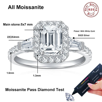 NeeTim D Color Full Moissanite Ring For Women 5x7mm Emerald Cut Sparkling Rings S925 Silver Wedding Party Luxury Band Jewelry