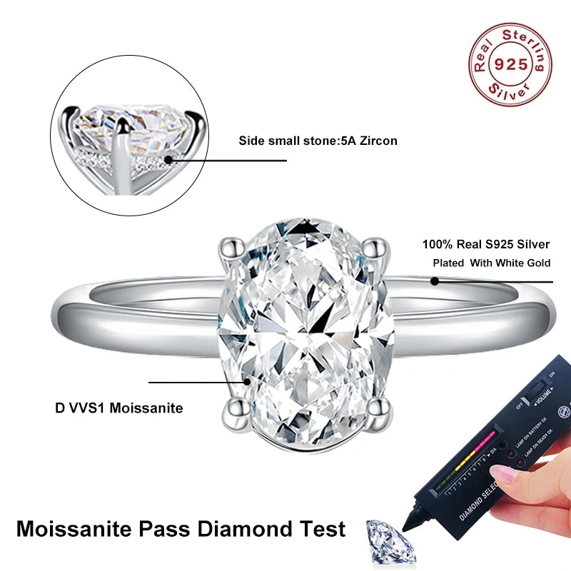 NeeTim 7x9mm 2ct Moissanite Ring S925 Sterling Silver Oval Cut Lab Diamond Wedding Rings for Women Engagement Promise Band Gift