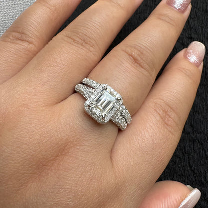 Newshe Emerald Cut Moissanite Wedding Rings Set for Women 2pcs 925 Sterling Silver Halo Engagement Bridal Ring