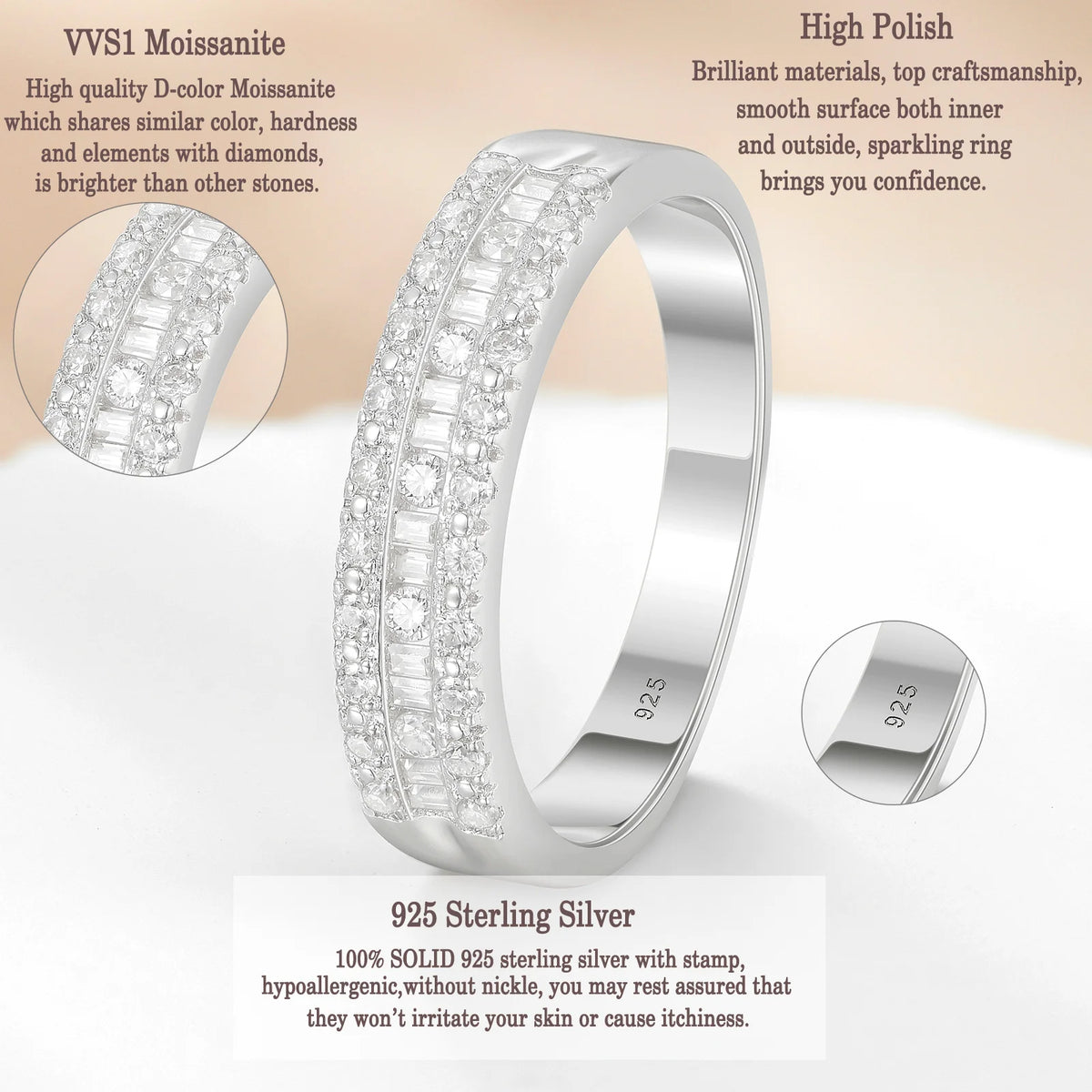 Newshe Full Moissanite Wedding Bands for Women 925 Sterling Silver Half Eternity Rings 1.0 Ct Baguetted Engagement Promise Ring