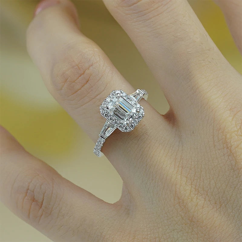NeeTim D Color Full Moissanite Ring For Women 5x7mm Emerald Cut Sparkling Rings S925 Silver Wedding Party Luxury Band Jewelry