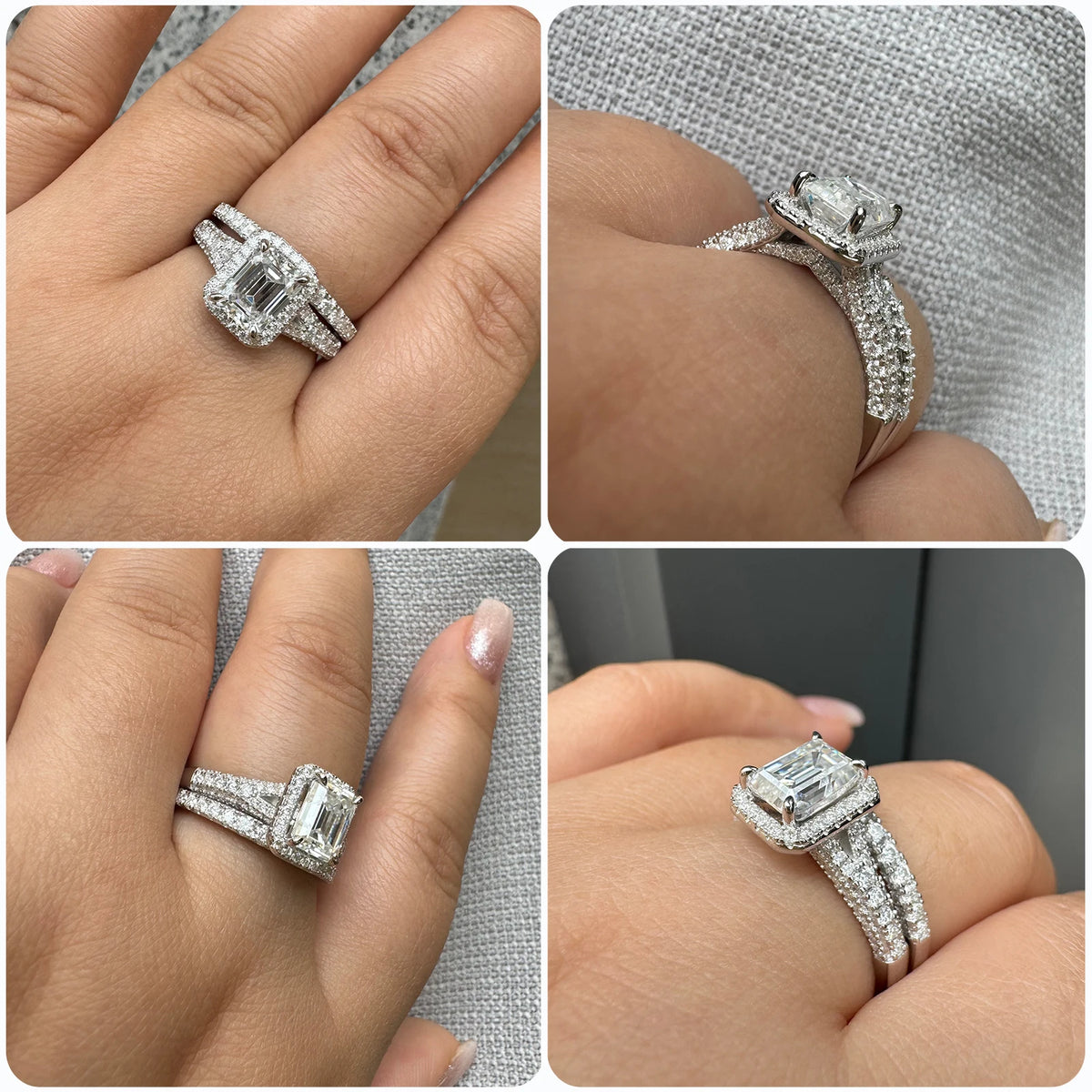 Newshe Emerald Cut Moissanite Wedding Rings Set for Women 2pcs 925 Sterling Silver Halo Engagement Bridal Ring