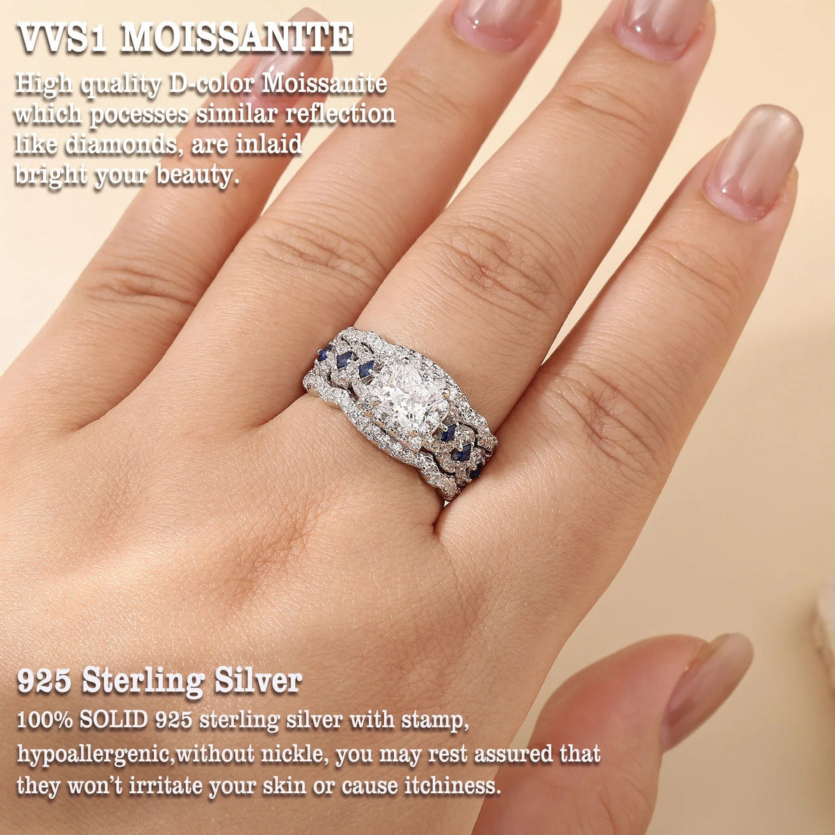 Newshe 3 Pcs Certified Moissanite Wedding Rings Set for Women 925 Sterling Silver 6.5mm Princess Cut Luxury Bridal Jewelry
