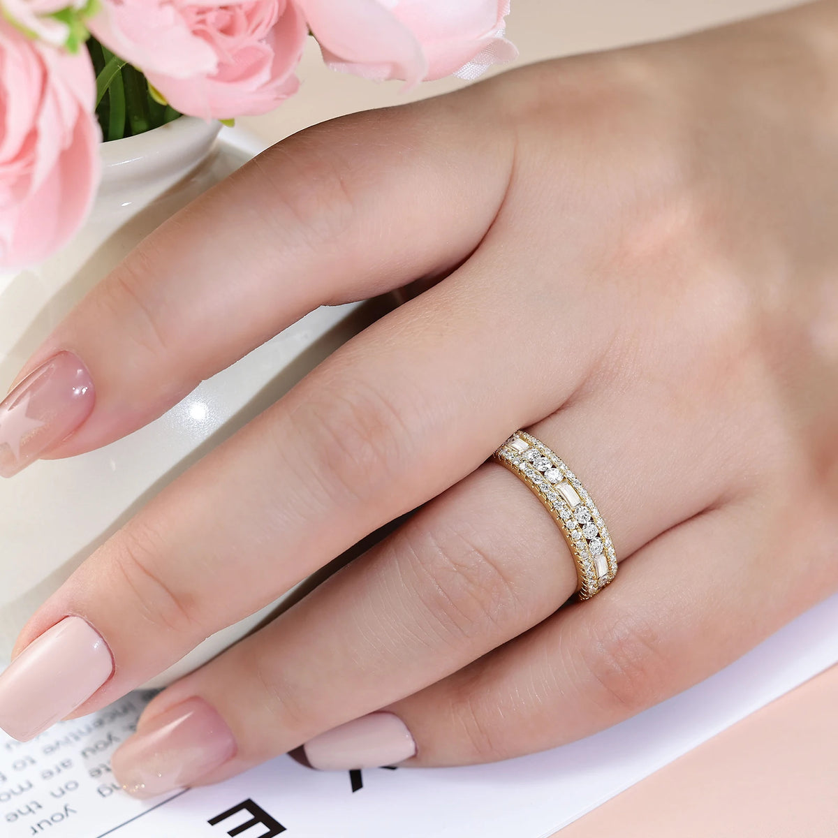 Newshe GRA Certified Moissanite Wedding Bands 925 Sterling Silver 14K Yellow Gold Plated Promise Engagement Rings