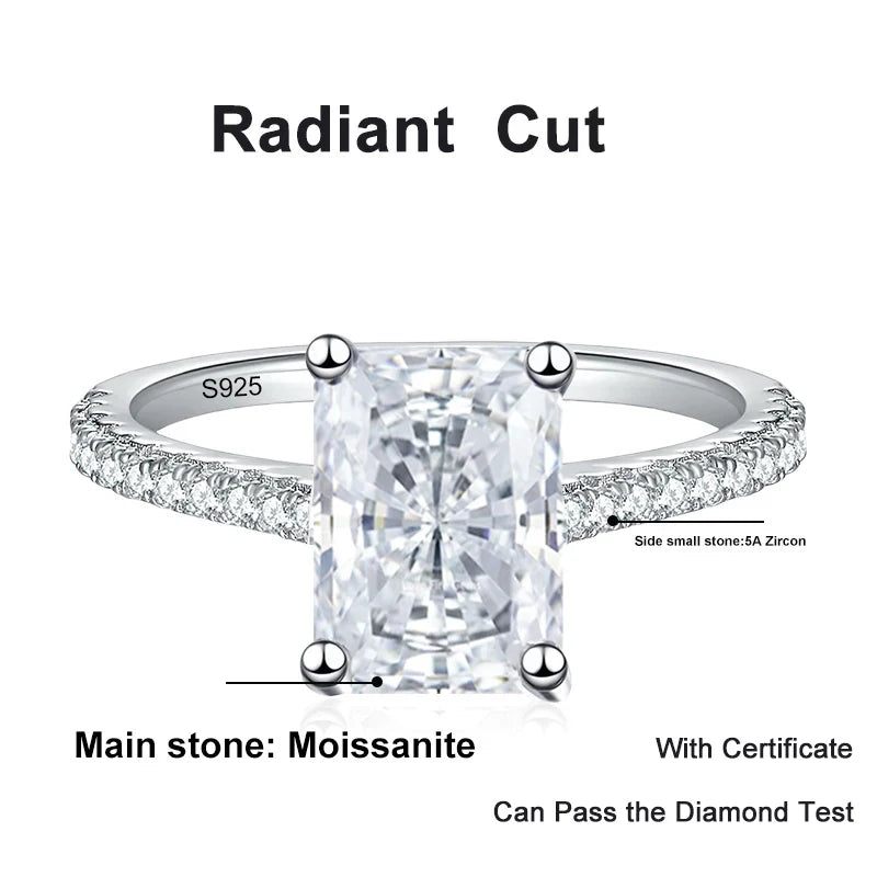 NeeTim 1CT 2CT Emerald Radiant Cut Moissanite Ring for Women Engagement Wedding Lab Diamond Sterling Silver 925 Rings Jewelry