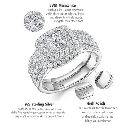 Newshe Certified Moissanite Weddings Ring Set for Women Luxury 925 Sterling Silver Halo Princess Cut Elegant Jewelry