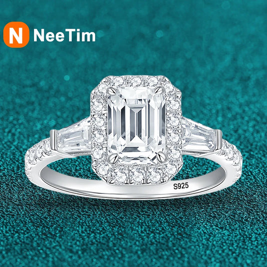 NeeTim D Color Full Moissanite Ring For Women 5x7mm Emerald Cut Sparkling Rings S925 Silver Wedding Party Luxury Band Jewelry