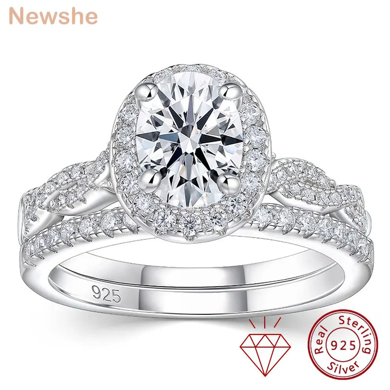 Newshe 925 Sterling Silver D VVS1 Full Moissanite Wedding Rings Set for Women Halo Oval Cut Engagement Ring