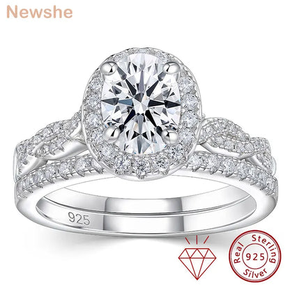 Newshe 925 Sterling Silver D VVS1 Full Moissanite Wedding Rings Set for Women Halo Oval Cut Engagement Ring