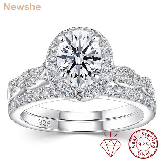 Newshe 925 Sterling Silver D VVS1 Full Moissanite Wedding Rings Set for Women Halo Oval Cut Engagement Ring