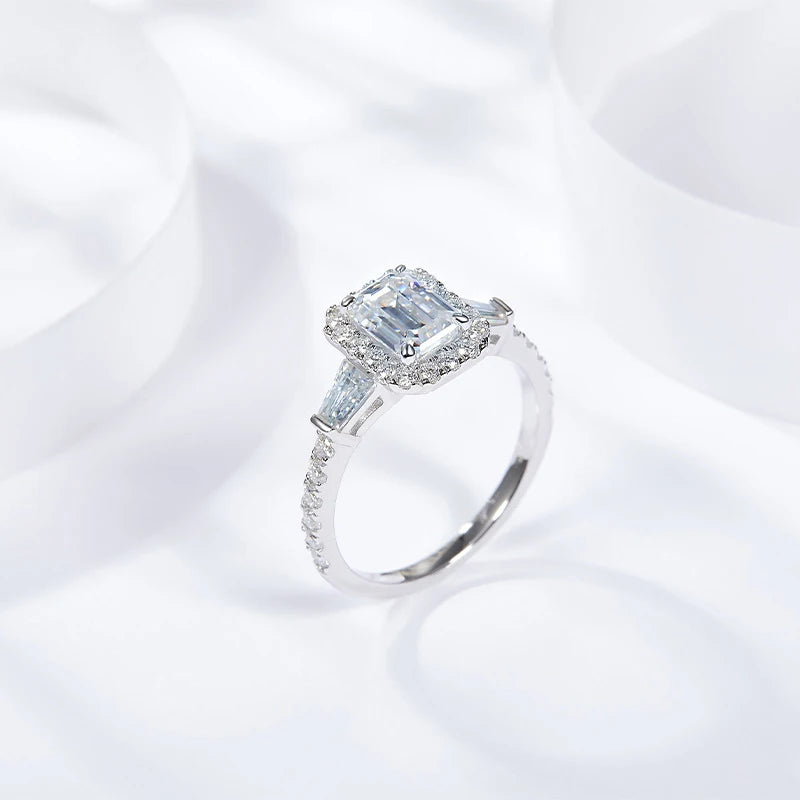 NeeTim D Color Full Moissanite Ring For Women 5x7mm Emerald Cut Sparkling Rings S925 Silver Wedding Party Luxury Band Jewelry
