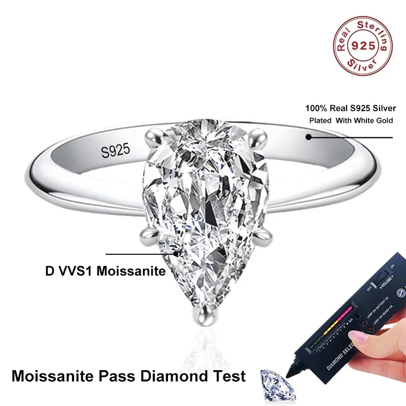 NeeTim 2.0ct Water Drop Cut Moissanite S925 Sterling Silver Pear Cut Diamond Wedding Rings for Women Engagement Promise Band